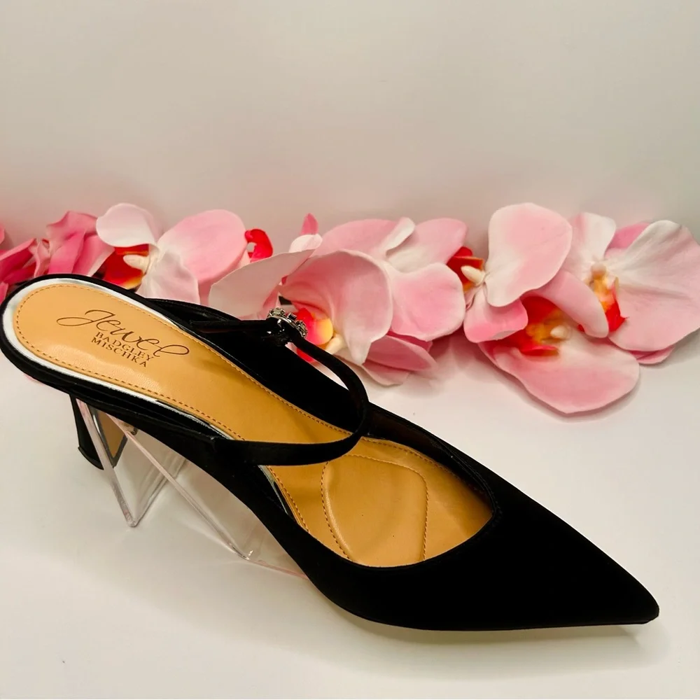 Jewel Badgley Mischka | Kaylin Pointed Toe Mule - Black Satin Heels (Size 8.5) - Picture 12 of 16